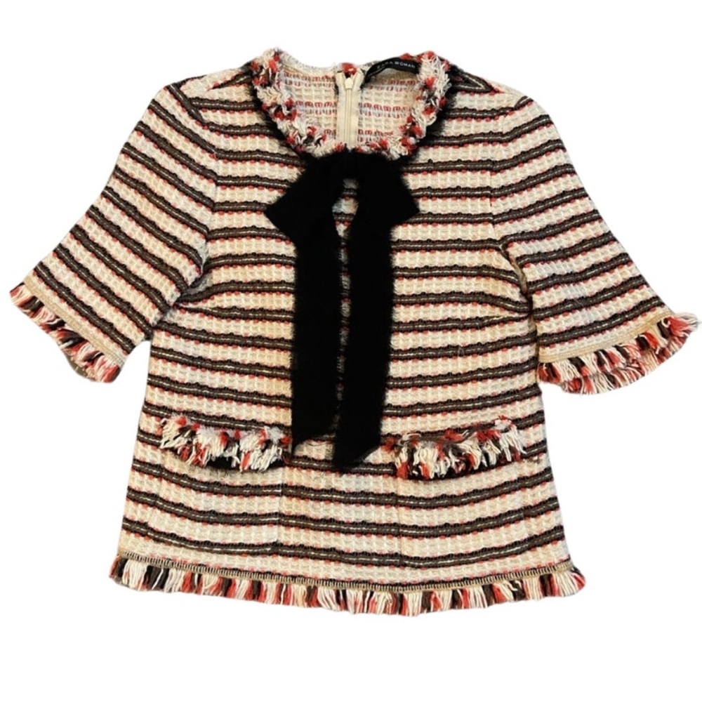 ZARA WOMAN woven retro top size XS no stretch, cream/black/gray/coral